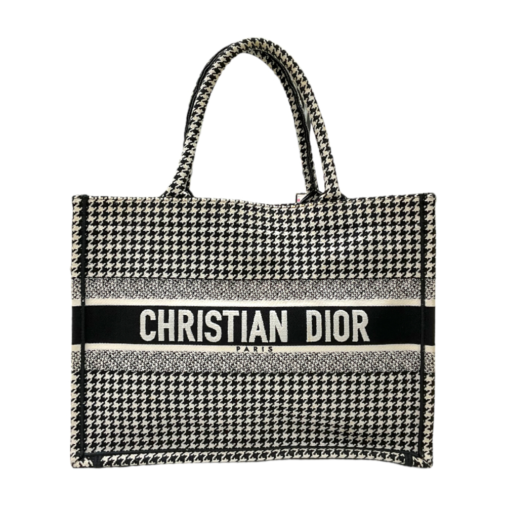 Christian Dior Book Tote Bag Medium Houndstooth White Black